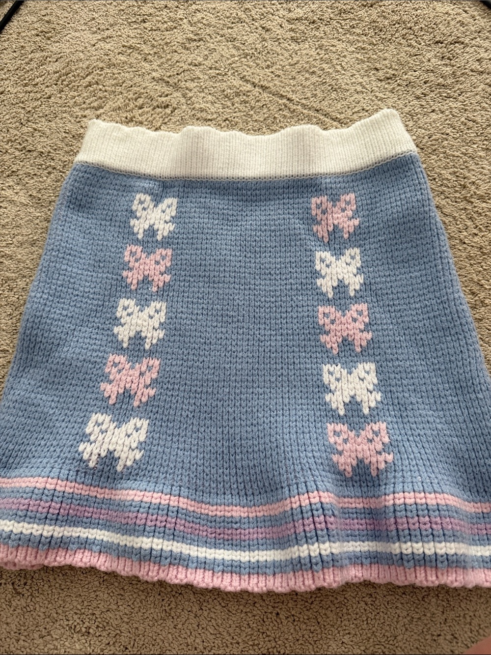 LoveShackFancy Light Blue Knit A-Line Skirt with Pink and White Butterflies